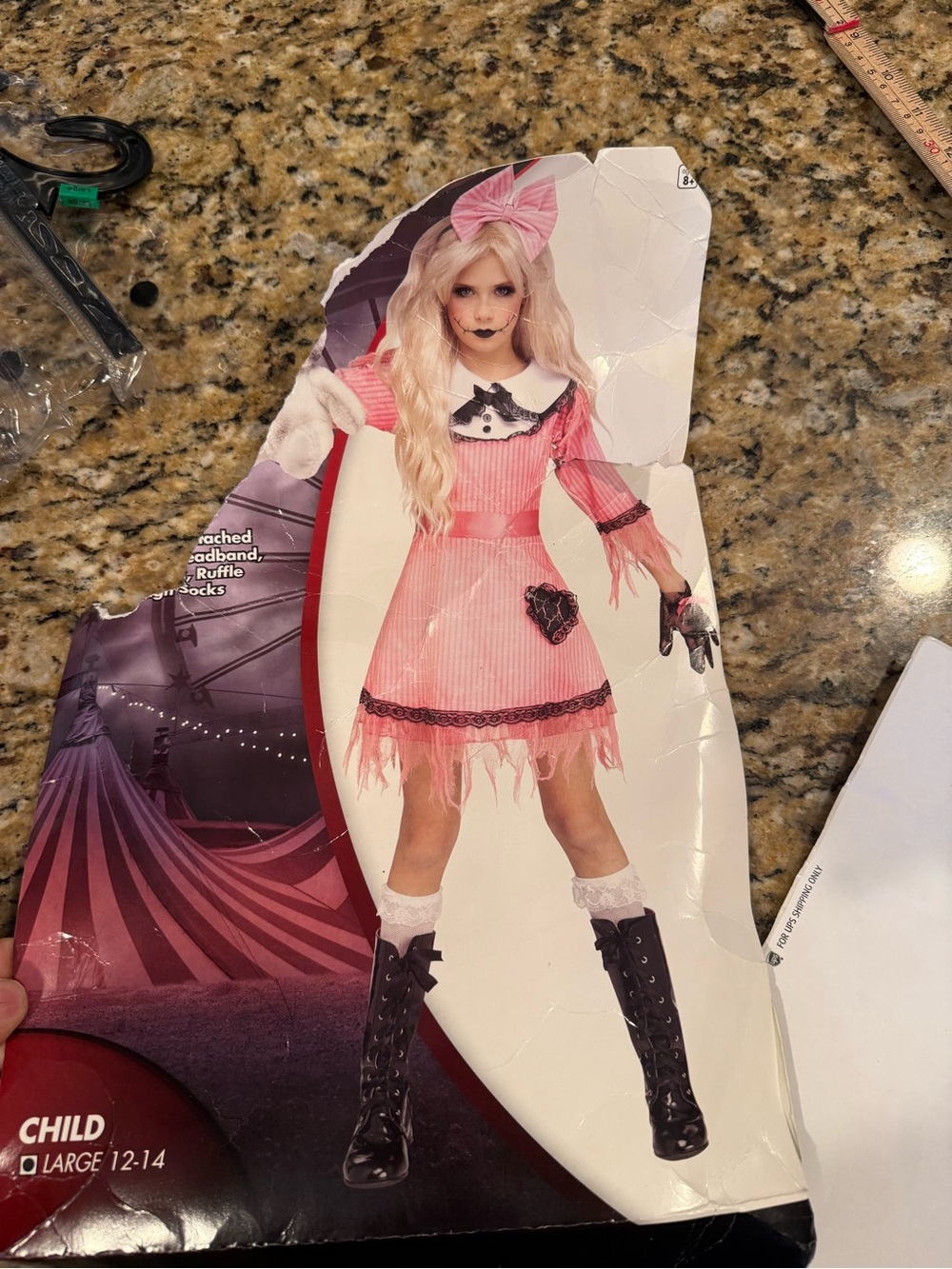 Spirit Halloween Kid pink Deadly Dolly Costume large 12-14 dress gloves headband